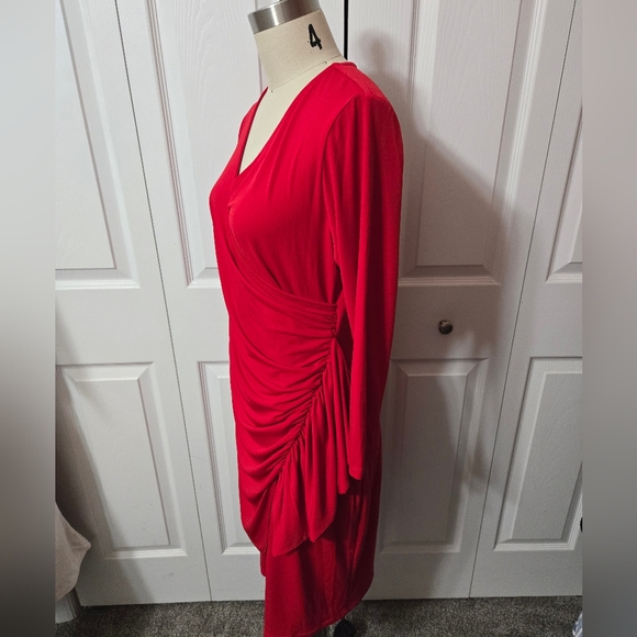 Calvin Klein Red Long Sleeved Dress, Size 8, Ruched At Waist, Faux Wrap, EUC - Picture 4 of 10